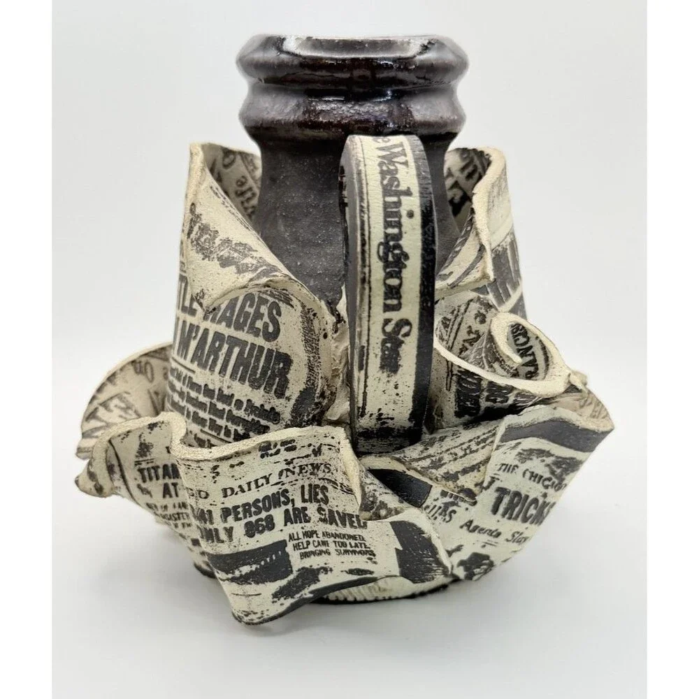 🏺📰 VTG Ron Krogh Pottery Newspaper Collage Pitcher 📰🏺